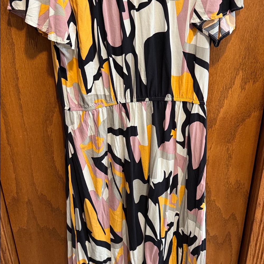 Abstract Print Pink, Mustard & Black Wrap-Front Women's Dress - Picture 7 of 7